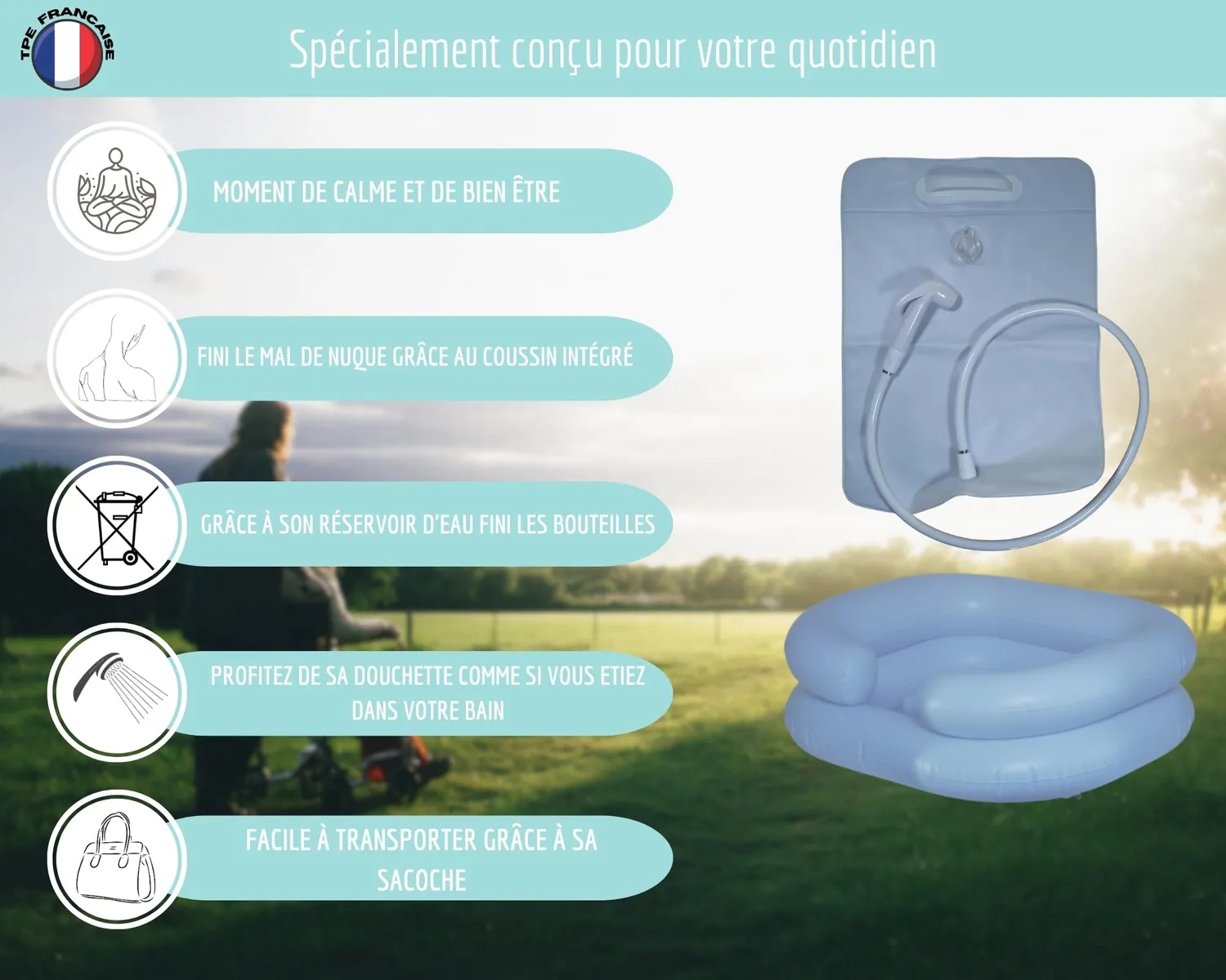 NIOTO Bac à Shampoing Gonflable 7 L avec Douchette
