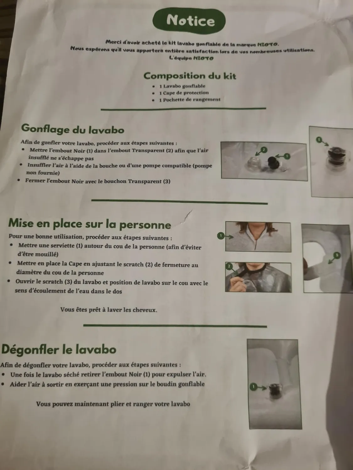 Nioto bac shampoing gonflable avec cape adulte