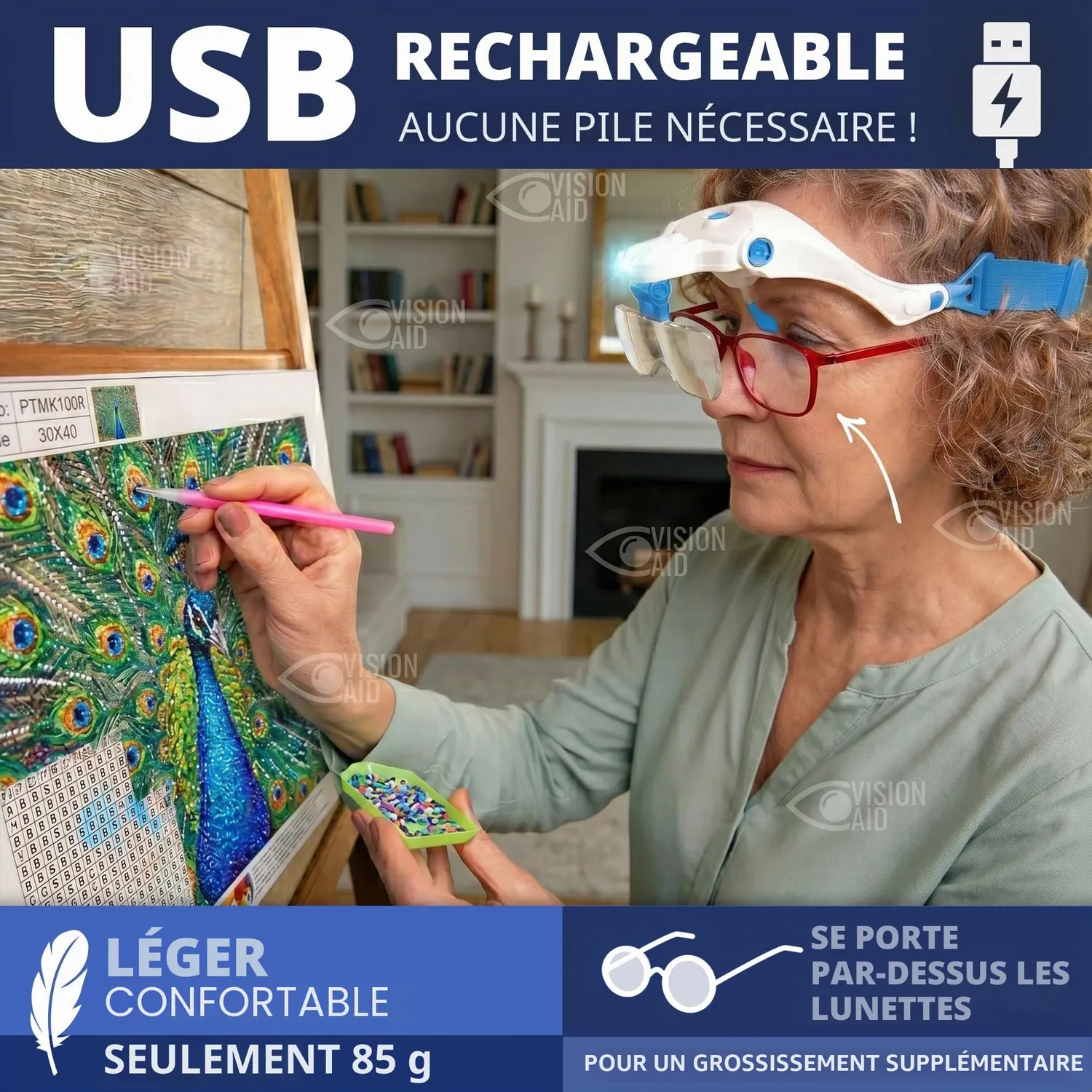 VisionAid Lunettes Loupe LED Rechargeable USB Kit Expert 5 Gross.