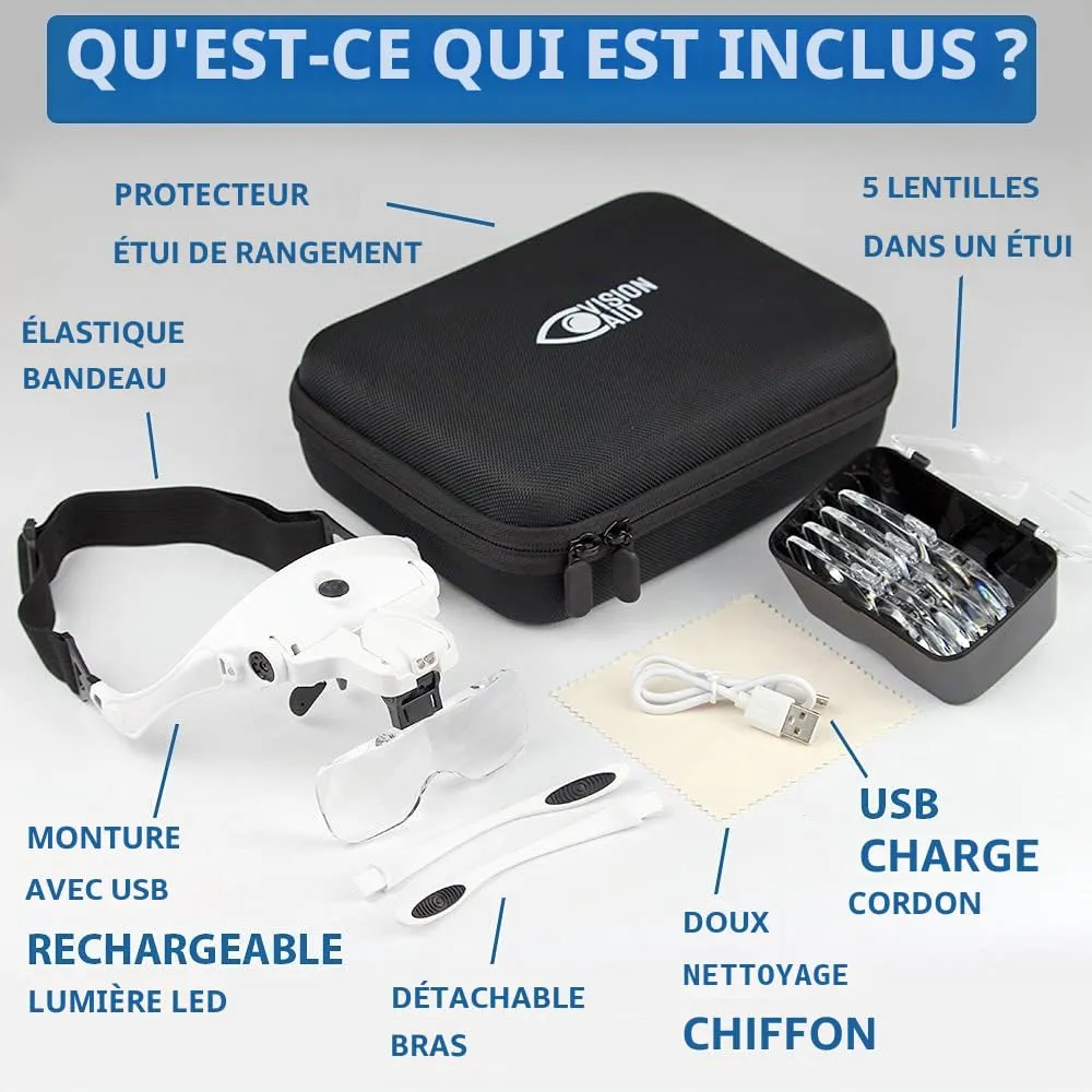 VisionAid lunettes loupe LED 5 verres mains libres rechargeable