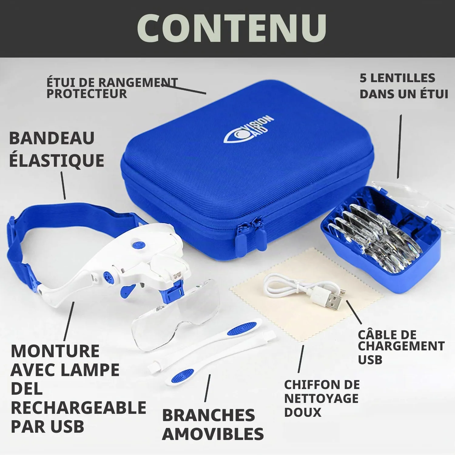 VisionAid Lunettes Loupe LED Rechargeable USB Kit Expert 5 Gross.