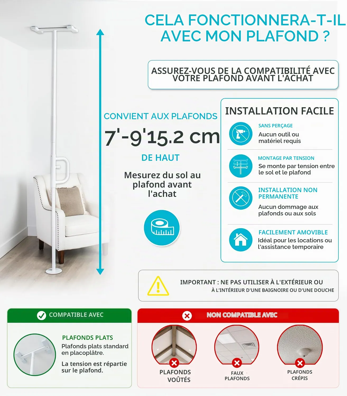 Identités Curve barre appui sol-plafond blanche pivotante 135kg