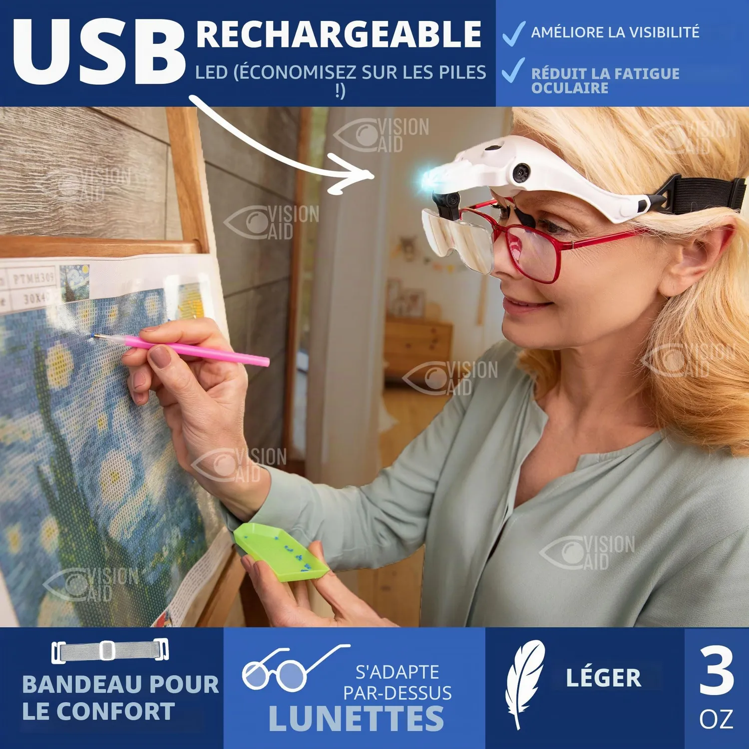 VisionAid lunettes loupe LED 5 verres mains libres rechargeable