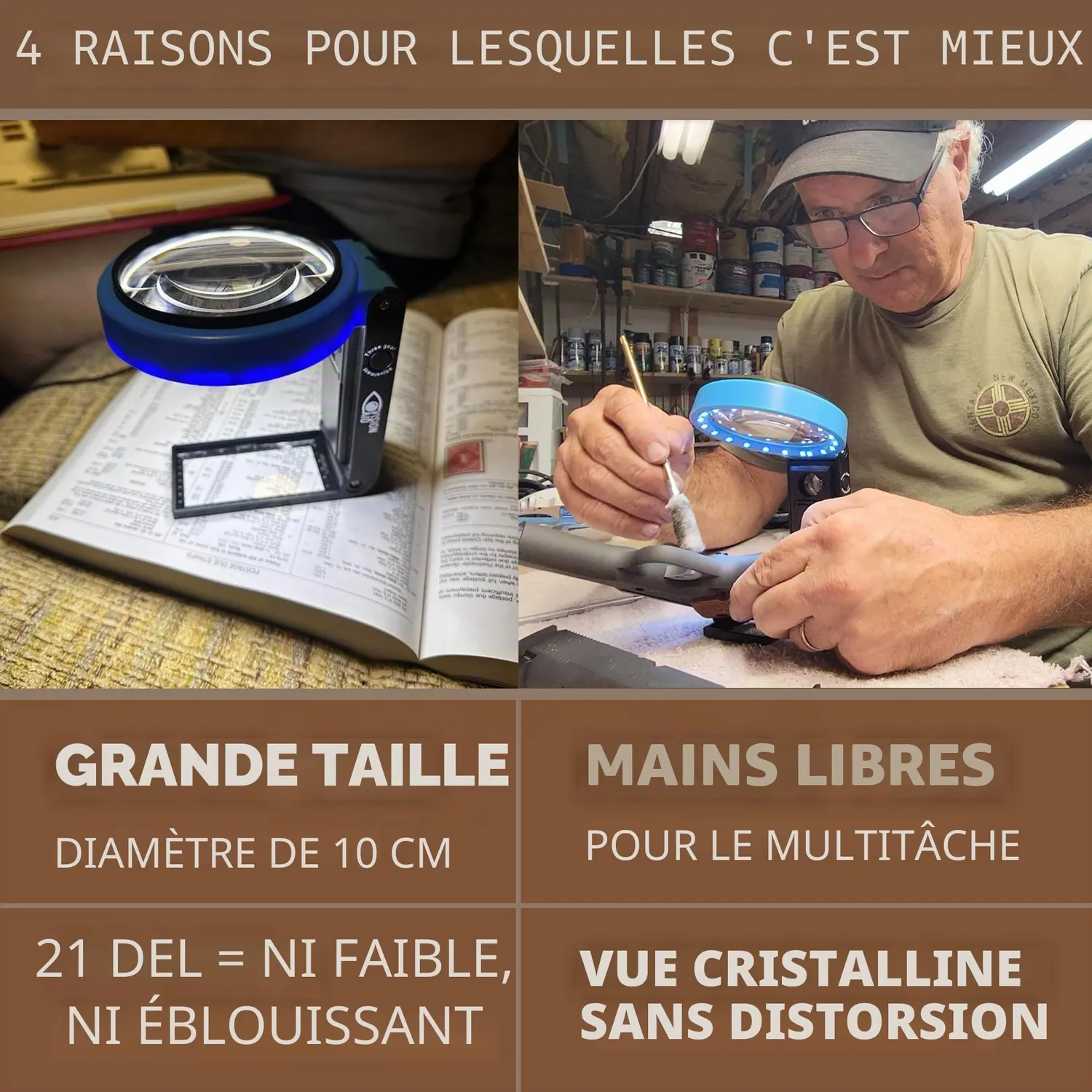 VisionAid Loupe 30X 10X LED mains libres 21 lampes