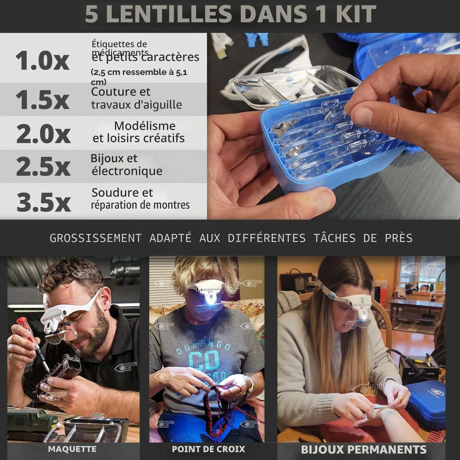 VisionAid Lunettes Loupe LED Rechargeable USB Kit Expert 5 Gross.