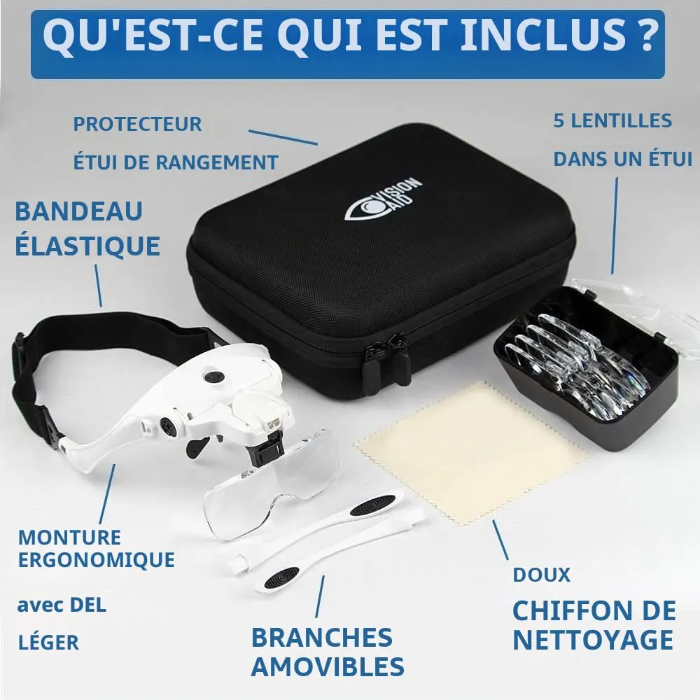 VisionAid Loupe bandeau lumineux mains libres 5 lentilles